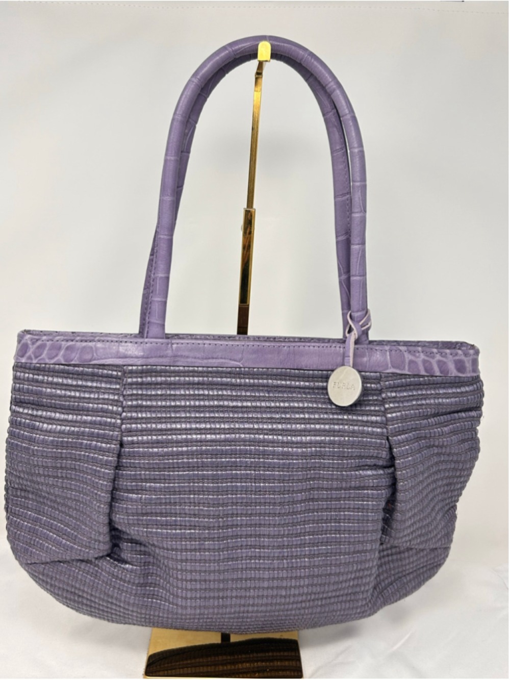 Furla Lavender Textured Ribbed Tote Bag Crocodile Embossed Trim Silver Charm